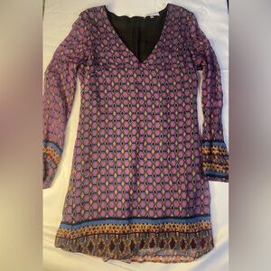 Boho Geometric Print Dress M Pink Blue V-Neck Long Sleeve Festival Mini